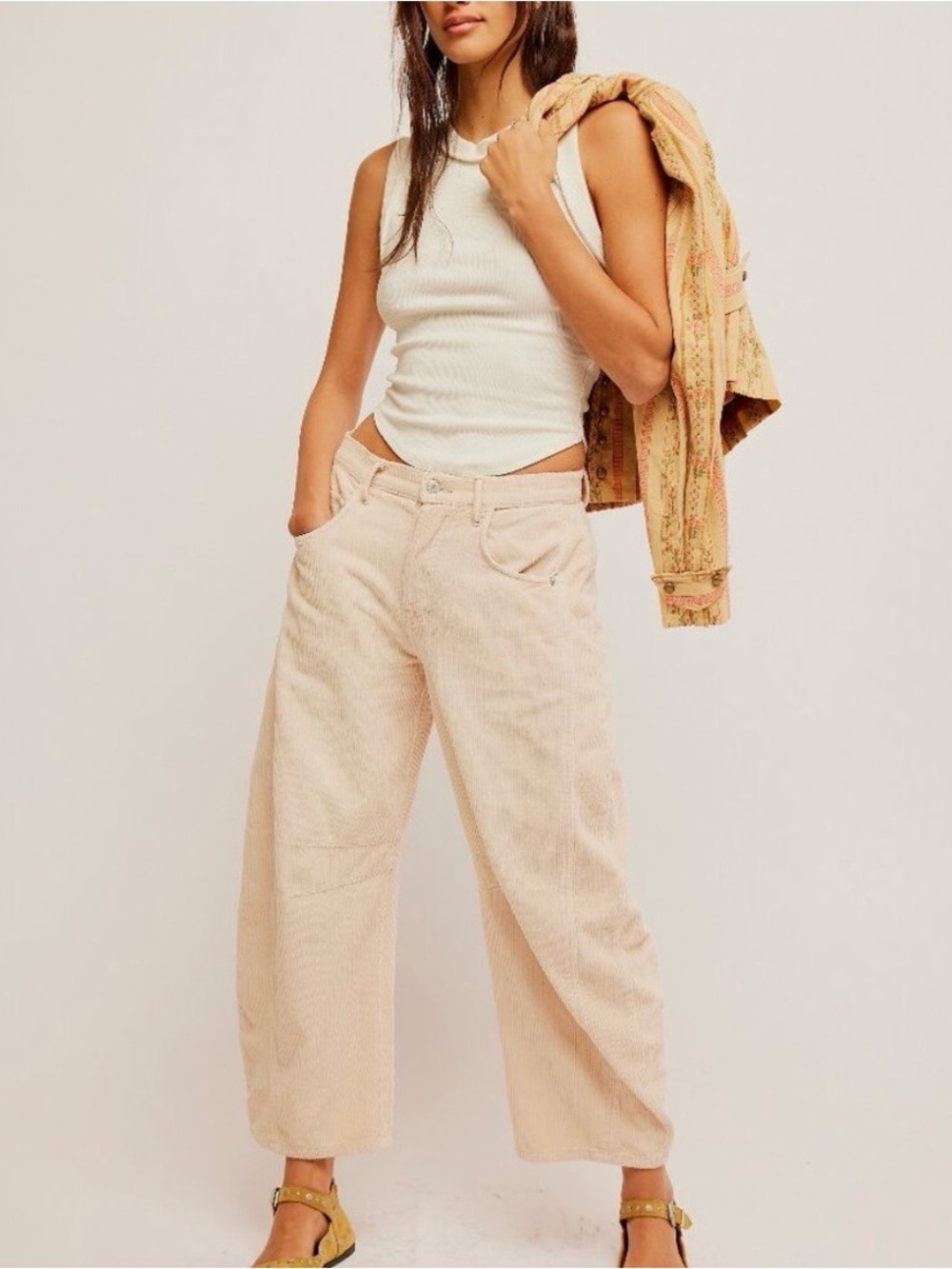 NWT We The Free Good Luck Mid Rise Barrel Corduroy Pant Crème Size 33